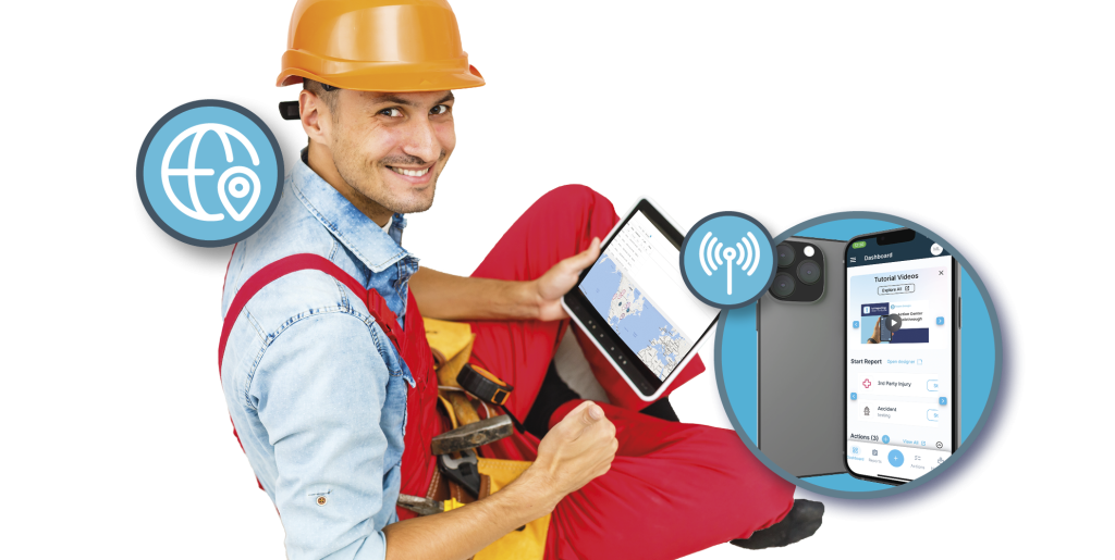 A construction worker happily uses the 1st Reporting app for construction reporting at the jobsite in this image. Learn more at 1stReporting.com.