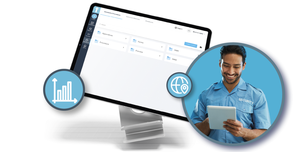 A security officer uses security incident reporting software in this image. Learn more about security report app incident management at 1stReporting.com.