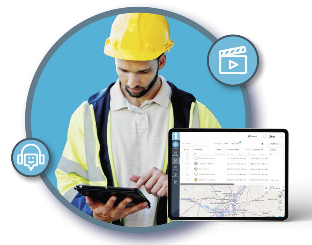 Construction site reporting using a construction app like 1st Reporting is shown in this image. To learn more about saving time and money with a construction reporting apps see 1stReporting.com.