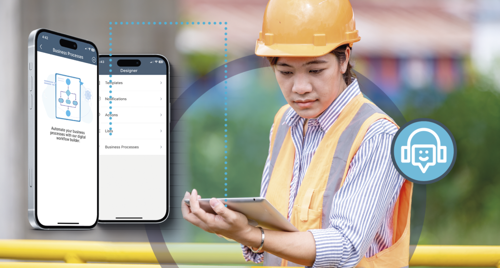 A municipal worker completes maintenance work orders using a municipal app with custom form features. Learn more about work orders and maintenance tracking using a municipal app at 1stReporting.com.