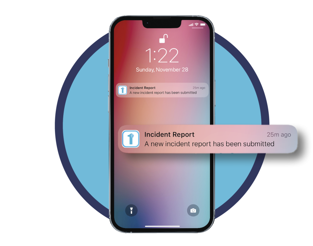 Event notifications are shown floating over a mobile device running the 1st Reporting app. Learn more about task, event, and automated notifications at 1stReporting.com.