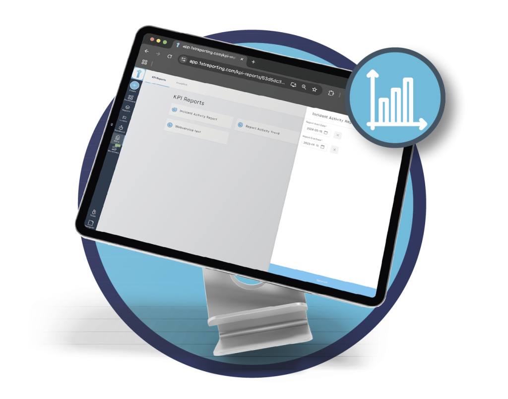 A KPI dashboard screen of the 1st Reporting app is shown. Learn more about KPI tracking and management at 1stReporting.com.