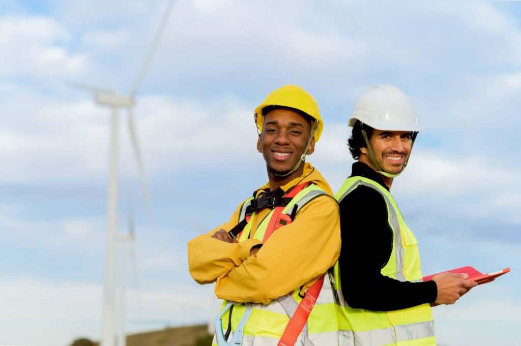 Happy utility workers complete digital onboarding.