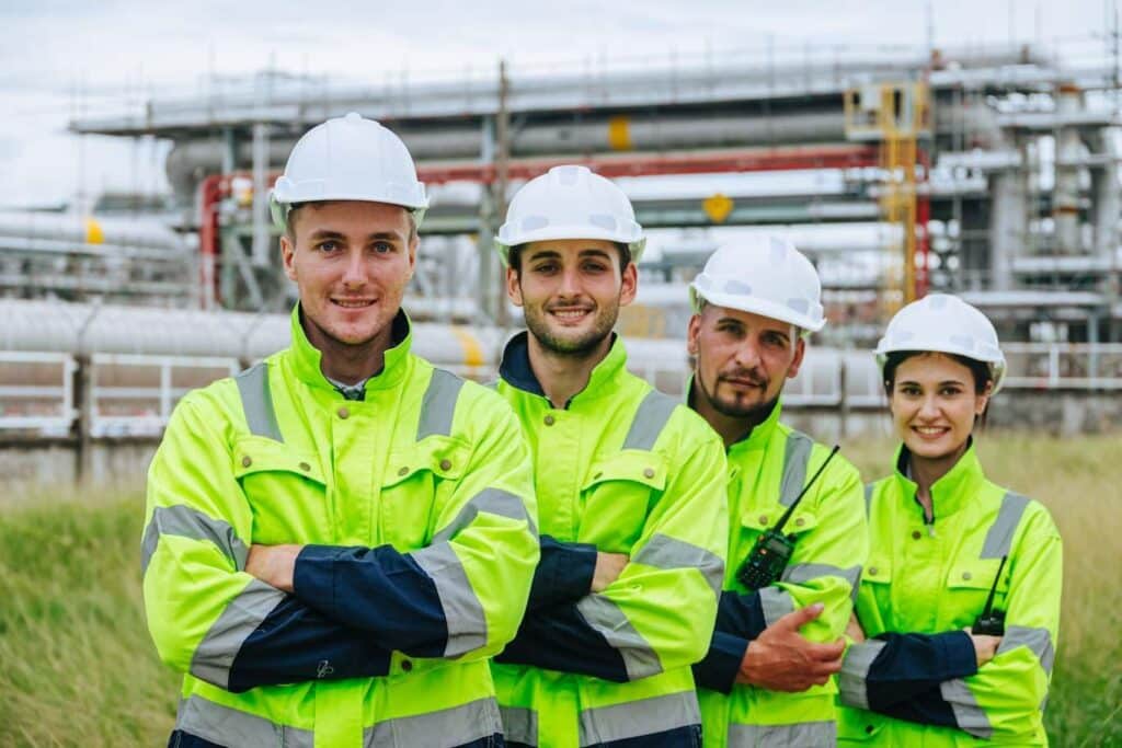 A happy utility crew onboarding team after using reporting software to document training.