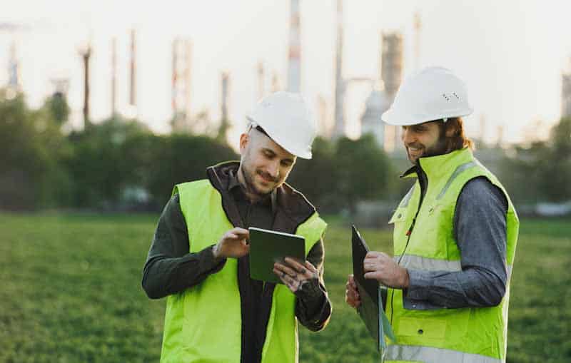 Two utility workers review a digital emergency response report on a tablet in the field.