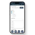 Mobile screen showing the 1st Reporting Utility Pole Inspection form with GPS coordinates, material selection checkboxes, height/class dropdown options, and quick-access camera, photo, video, and audio buttons for field documentation.