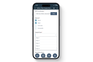 Mobile screen showing the 1st Reporting Utility Pole Inspection form with GPS coordinates, material selection checkboxes, height/class dropdown options, and quick-access camera, photo, video, and audio buttons for field documentation.
