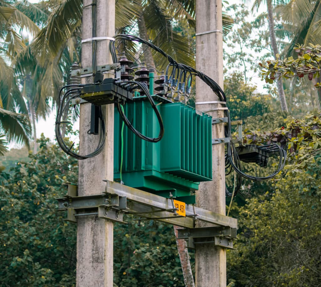 An overhead transformer, like the one in this image, also requires regular transformer inspections.
