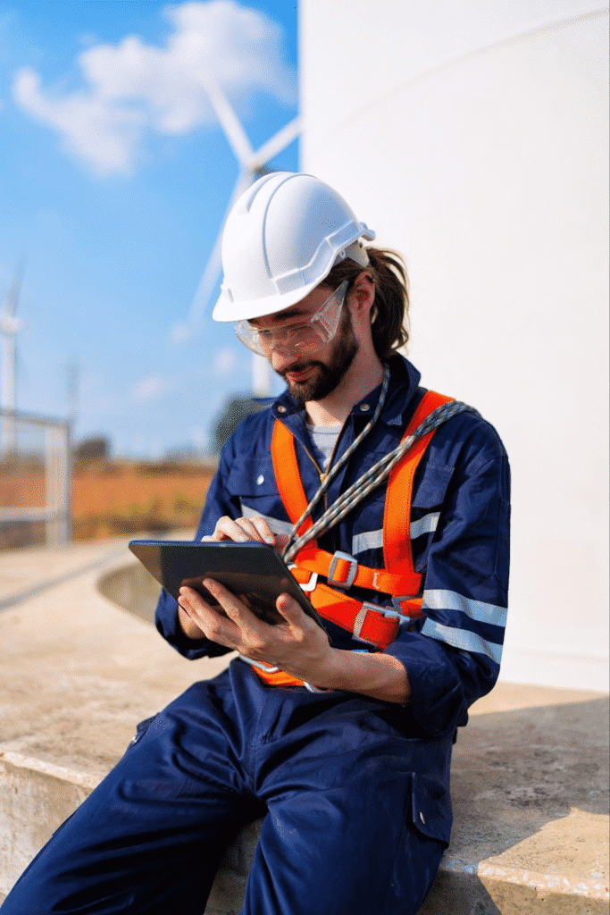 A modern utilities worker uses a tablet to complete a field report.