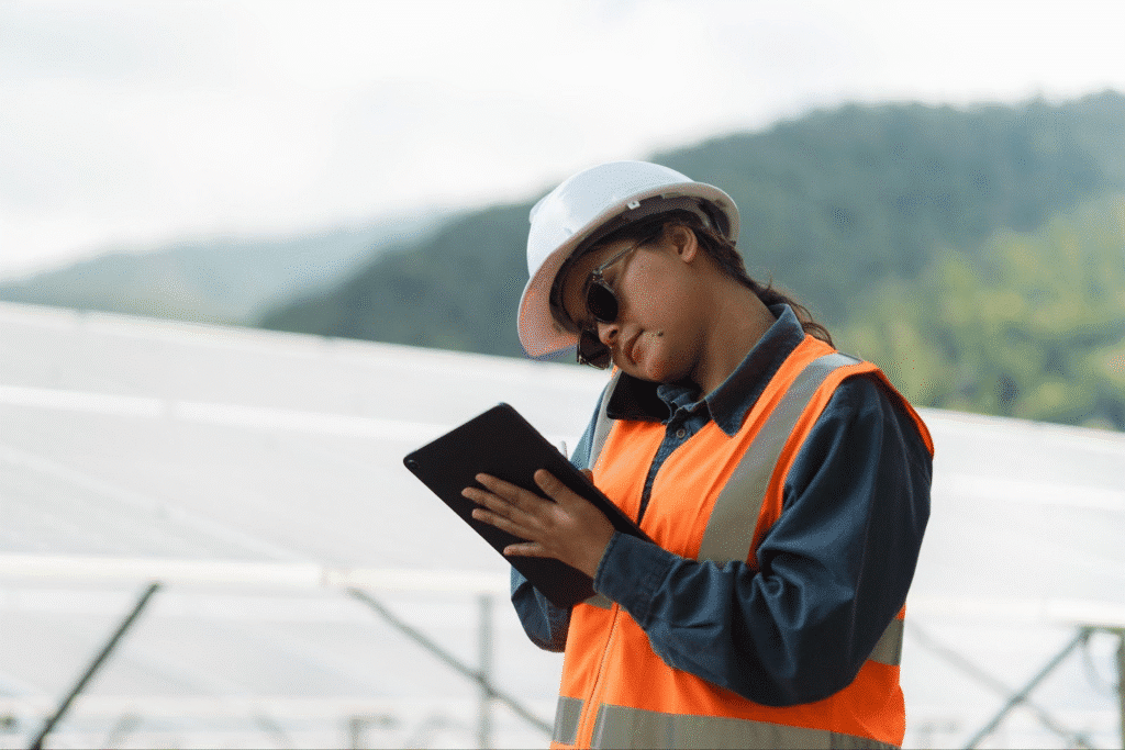 A utility worker uses a digitized utility field reporting form on a mobile device.