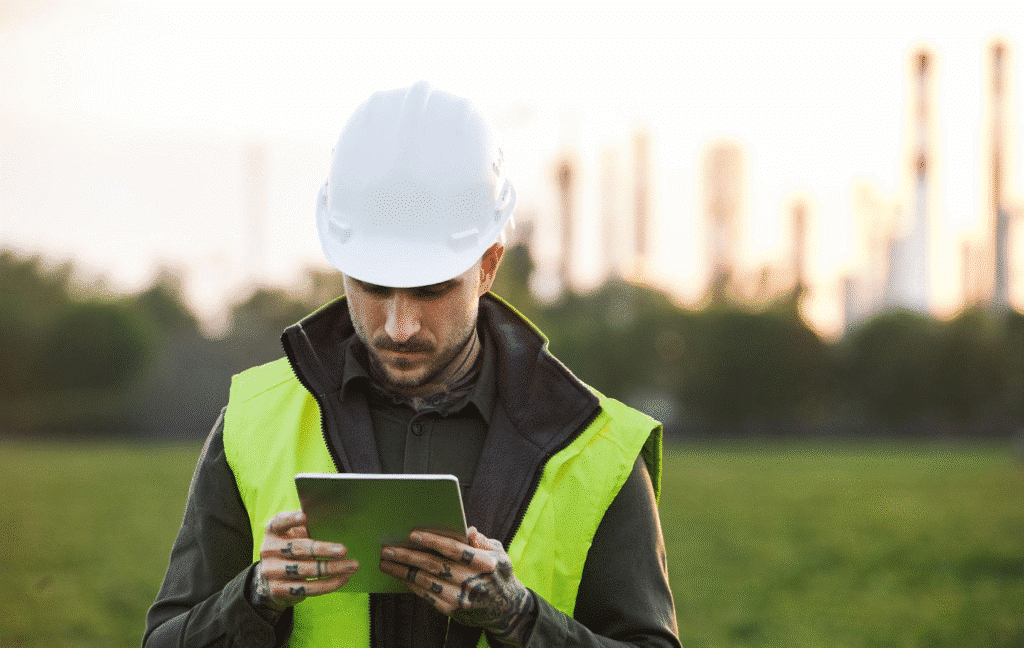A utility engineer utilizes a mobile device equipped with integrated field reporting software to enhance data governance and regulatory compliance in the field.