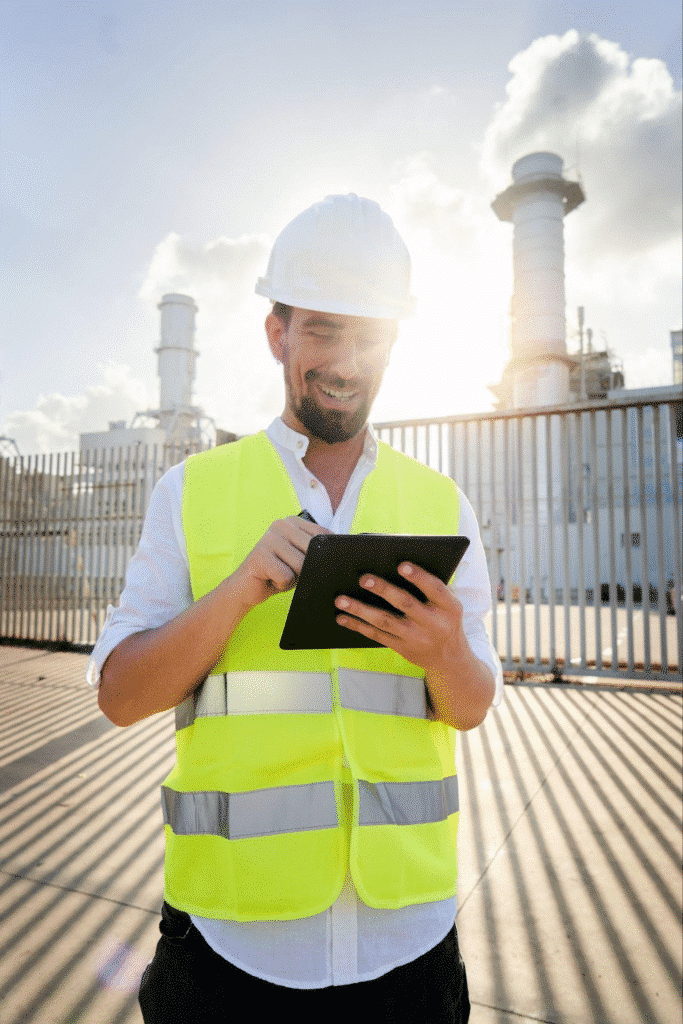 A utility field team leader happily completes an asset inspection using 1st Reporting as the primary field service management software.