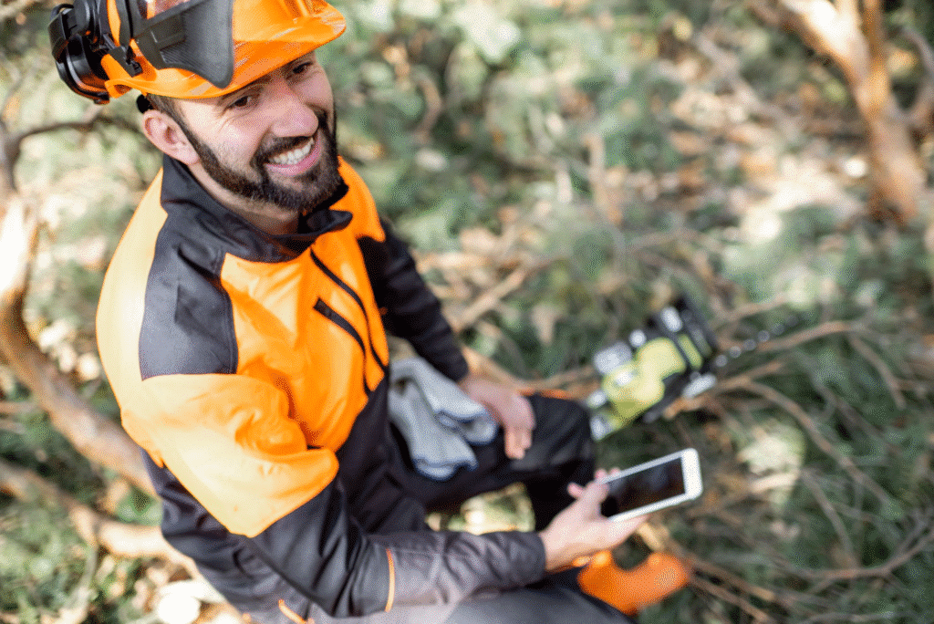 A utility worker assigned to line clearing happily reports in from the field on his smartphone using offline reporting tools.