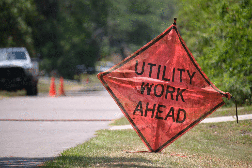 A road sign that says ‘Utility Work Ahead’