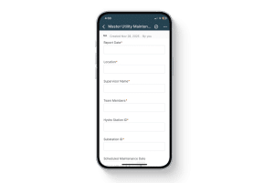 Mobile view of the 1st Reporting app displaying the Master Utility Maintenance Report with fields for report date, location, supervisor name, team members, hydro station ID, substation ID, and scheduled maintenance date.