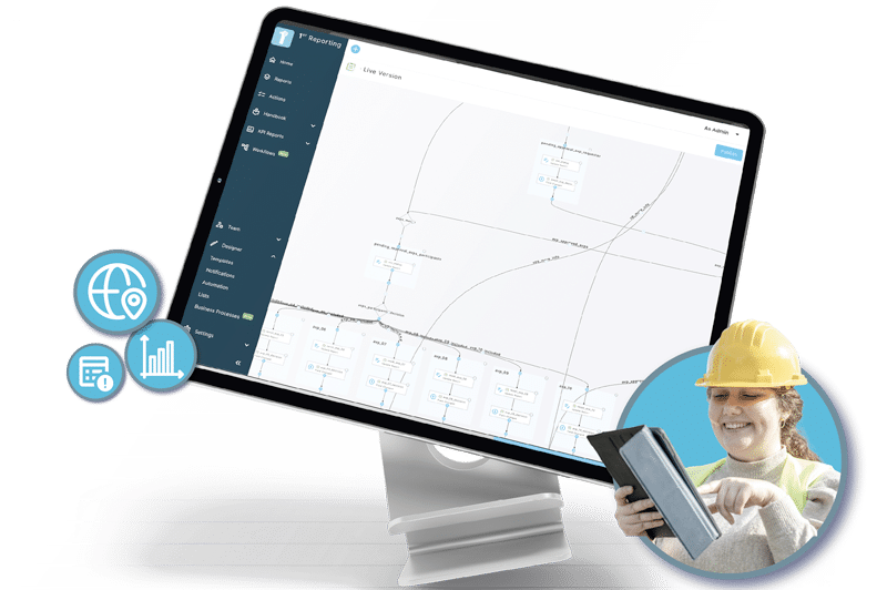 Municipal employee reviewing infrastructure workflows on 1st Reporting’s process-automation dashboard.