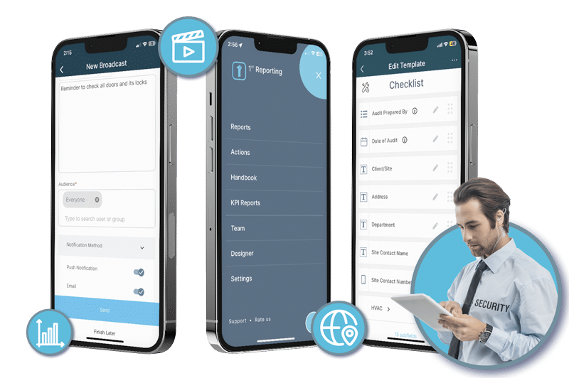 Security officer filling out a digital checklist and sending safety broadcasts through the 1st Reporting mobile app.