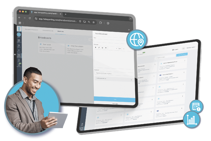 Field supervisor creating and managing workforce broadcasts with 1st Reporting’s dashboard and mobile tools.