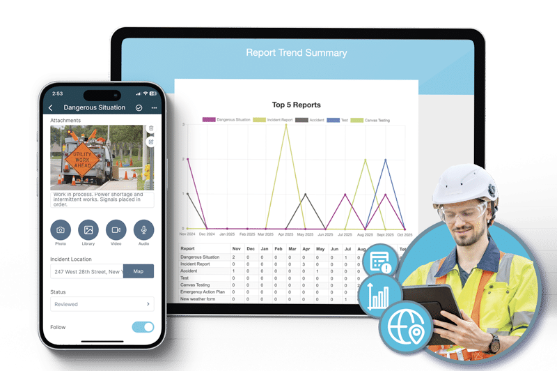 Utility worker recording a field hazard report on mobile while viewing incident-trend analytics in 1st Reporting.