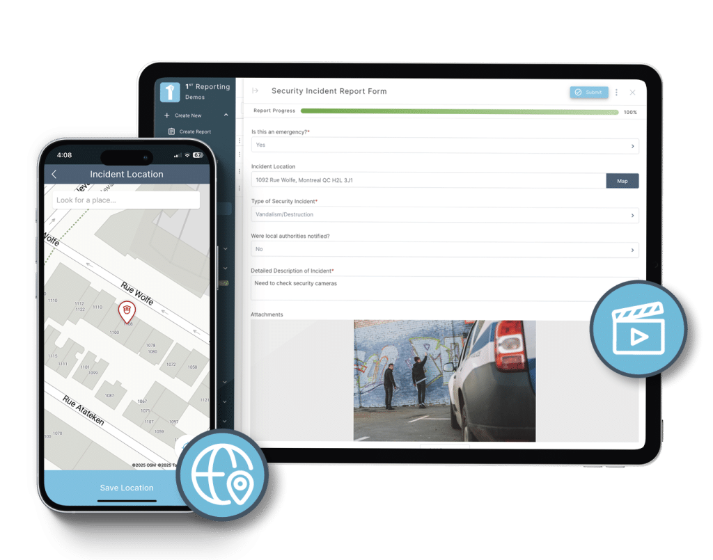 1st Reporting Security Incident Report with GPS location capture and photo attachments displayed on mobile and tablet.