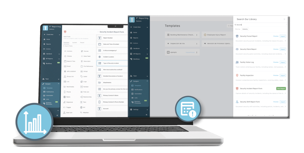 Laptop screen showing the 1st Reporting platform with the security incident report form builder, template management dashboard, and searchable security report library including patrol, pursuit, visitor logs, and inspection forms.