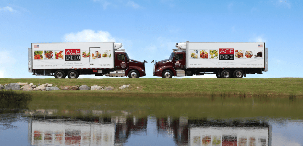 Two Ace Endico food distribution trucks, representing how digital reporting supports food safety management and daily operations.